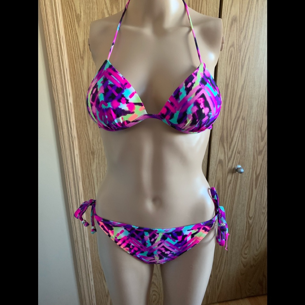 🍉 Ocean Pacific string bikini S, Abstract geometric pattern, bright pink, NWOT